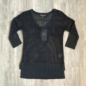 Rock & Republic Open Weave V Neck Hi Lo Skull Back Sweater XS Black